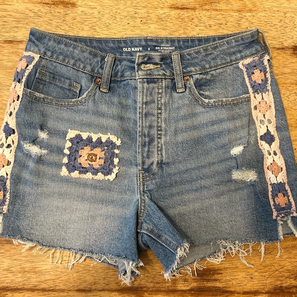 Upcycled Old Navy Women's Distressed Blue Jean Shorts with Crochet Accents